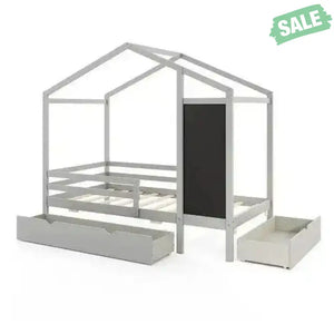 Kids Twin Size Bed with 2 Drawers Solid Wood Bed with Blackboard-Gray Gray Toddler Beds