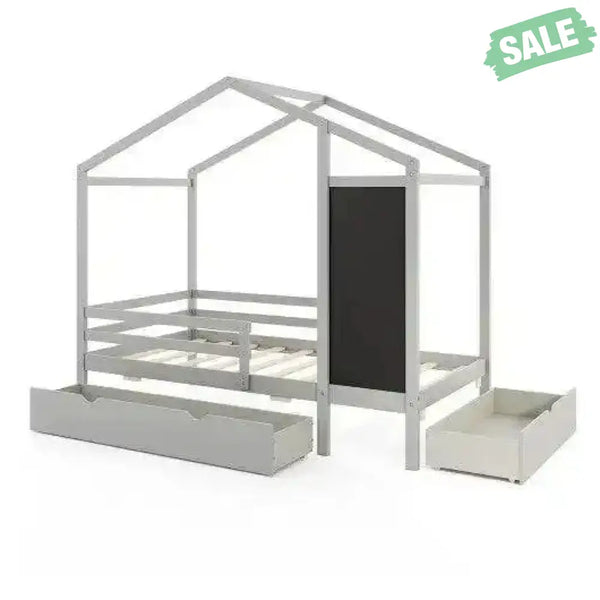 Kids Twin Size Bed with 2 Drawers Solid Wood Bed with Blackboard-Gray Gray Toddler Beds