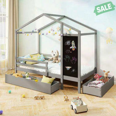 Kids Twin Size Bed with 2 Drawers Solid Wood Bed with Blackboard-Gray Gray Toddler Beds