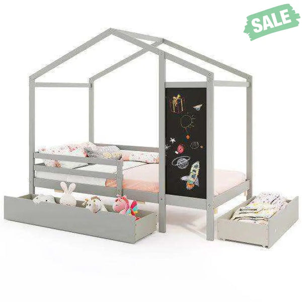 Kids Twin Size Bed with 2 Drawers Solid Wood Bed with Blackboard-Gray Gray Toddler Beds