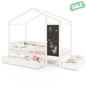 Kids Twin Size Bed with 2 Drawers Solid Wood Bed with Blackboard-White