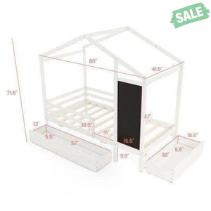 Kids Twin Size Bed with 2 Drawers Solid Wood Bed with Blackboard-White