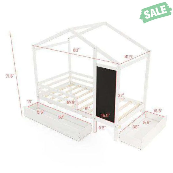 Kids Twin Size Bed with 2 Drawers Solid Wood Bed with Blackboard-White