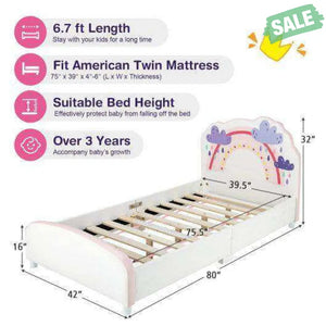 Kids Twin Size Upholstered Platform Wooden Bed with Rainbow Pattern Toddler Beds