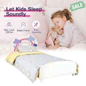 Kids Twin Size Upholstered Platform Wooden Bed with Rainbow Pattern Toddler Beds