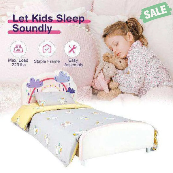 Kids Twin Size Upholstered Platform Wooden Bed with Rainbow Pattern Toddler Beds