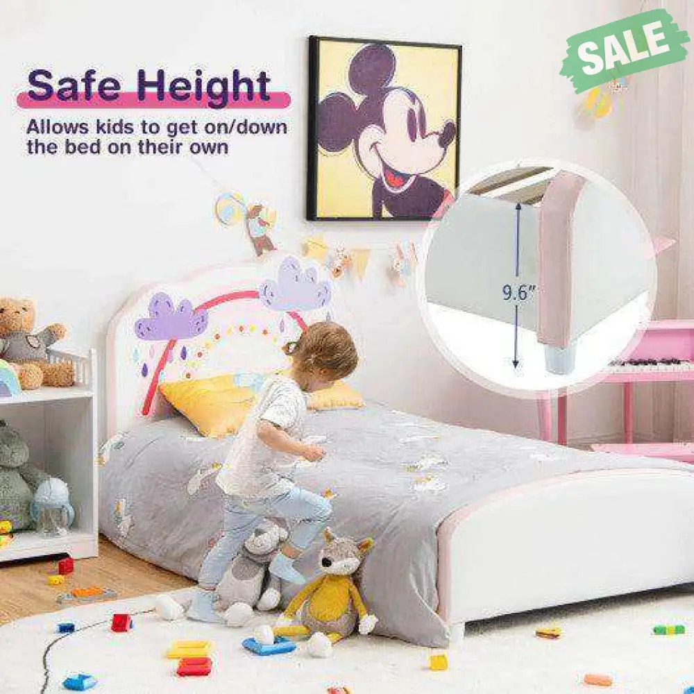 Kids Twin Size Upholstered Platform Wooden Bed with Rainbow Pattern Toddler Beds