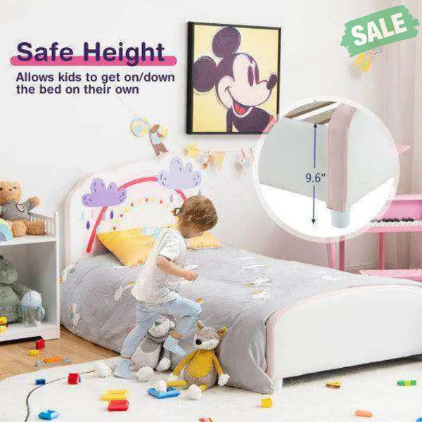 Kids Twin Size Upholstered Platform Wooden Bed with Rainbow Pattern Toddler Beds