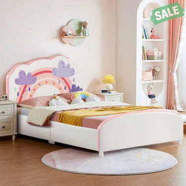 Kids Twin Size Upholstered Platform Wooden Bed with Rainbow Pattern Toddler Beds