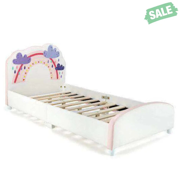 Kids Twin Size Upholstered Platform Wooden Bed with Rainbow Pattern Toddler Beds