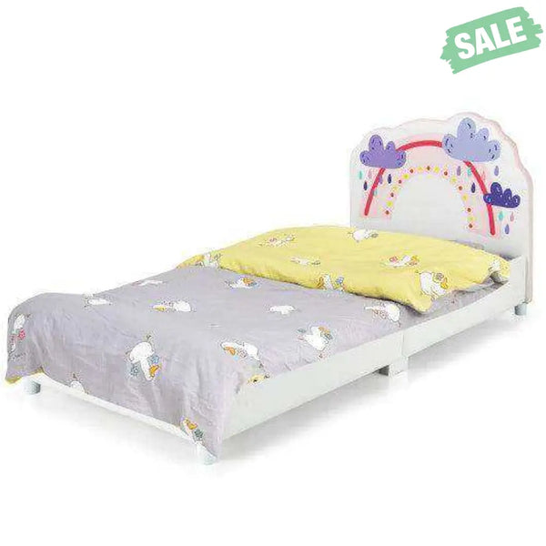 Kids Twin Size Upholstered Platform Wooden Bed with Rainbow Pattern Toddler Beds