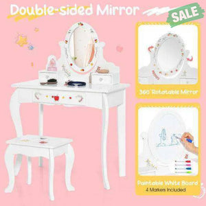 Kids Vanity and Stool Set with 360° Rotatable Mirror and Whiteboard-White Kids Vanities