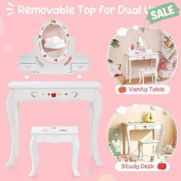 Kids Vanity and Stool Set with 360° Rotatable Mirror and Whiteboard-White Kids Vanities