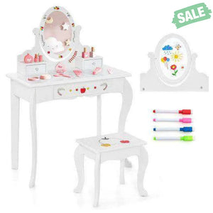 Kids Vanity and Stool Set with 360° Rotatable Mirror and Whiteboard-White Kids Vanities