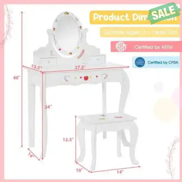 Kids Vanity and Stool Set with 360° Rotatable Mirror and Whiteboard-White Kids Vanities