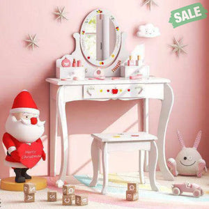 Kids Vanity and Stool Set with 360° Rotatable Mirror and Whiteboard-White Kids Vanities