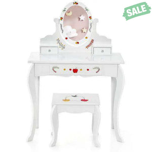Kids Vanity and Stool Set with 360° Rotatable Mirror and Whiteboard-White Kids Vanities
