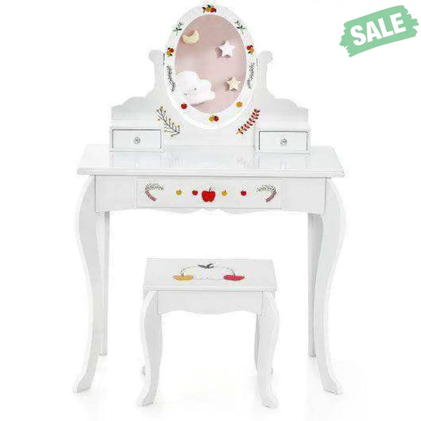 Kids Vanity and Stool Set with 360° Rotatable Mirror and Whiteboard-White Kids Vanities