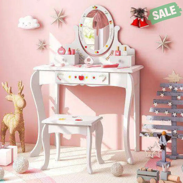 Kids Vanity and Stool Set with 360° Rotatable Mirror and Whiteboard-White Kids Vanities