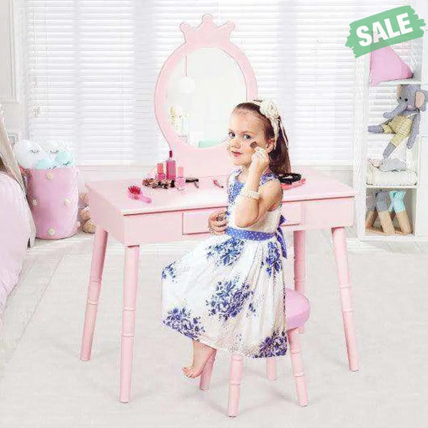 Kids Vanity Makeup Table and Chair Set Make Up Stool Pink Kids Vanities