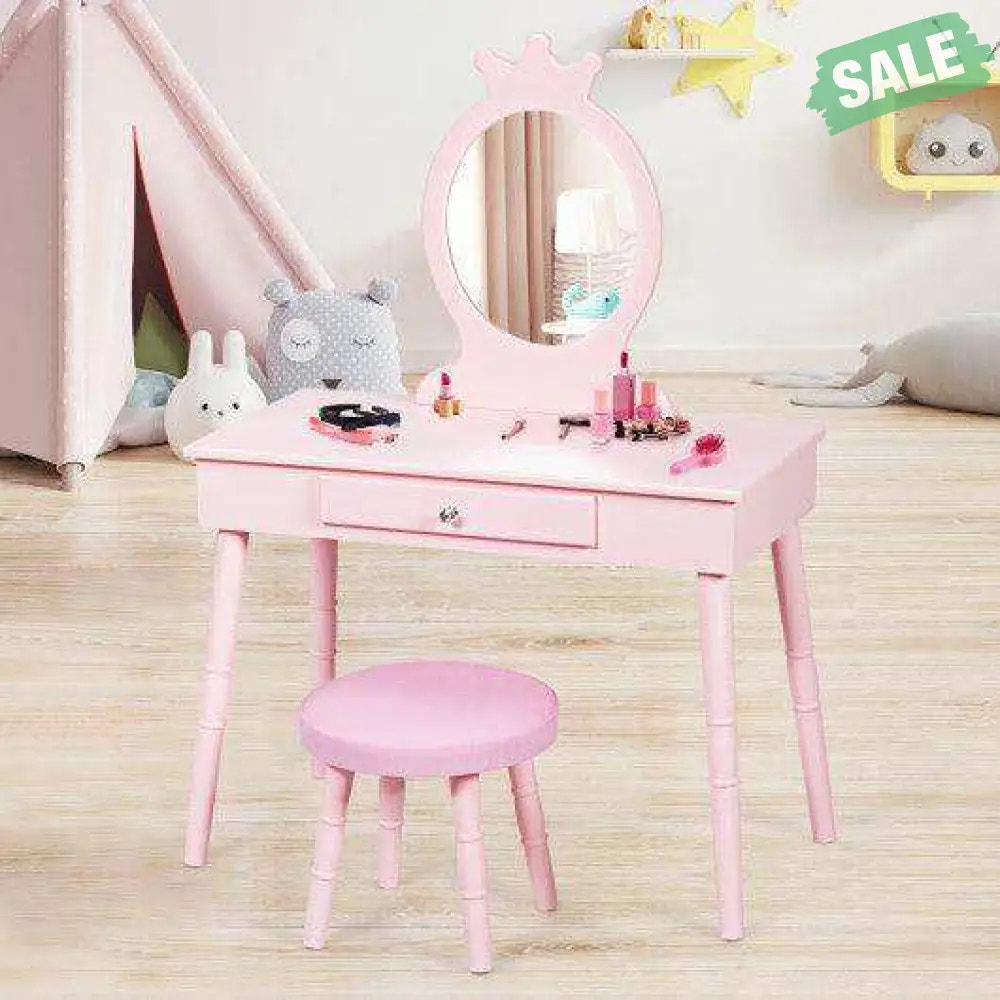 Kids Vanity Makeup Table and Chair Set Make Up Stool Pink Kids Vanities
