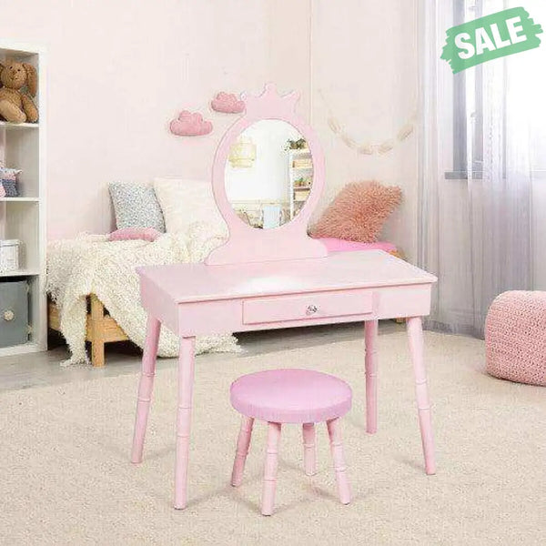 Kids Vanity Makeup Table and Chair Set Make Up Stool Pink Kids Vanities