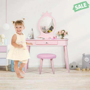 Kids Vanity Makeup Table and Chair Set Make Up Stool Pink Kids Vanities