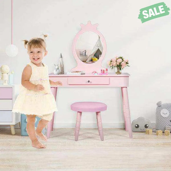 Kids Vanity Makeup Table and Chair Set Make Up Stool Pink Kids Vanities