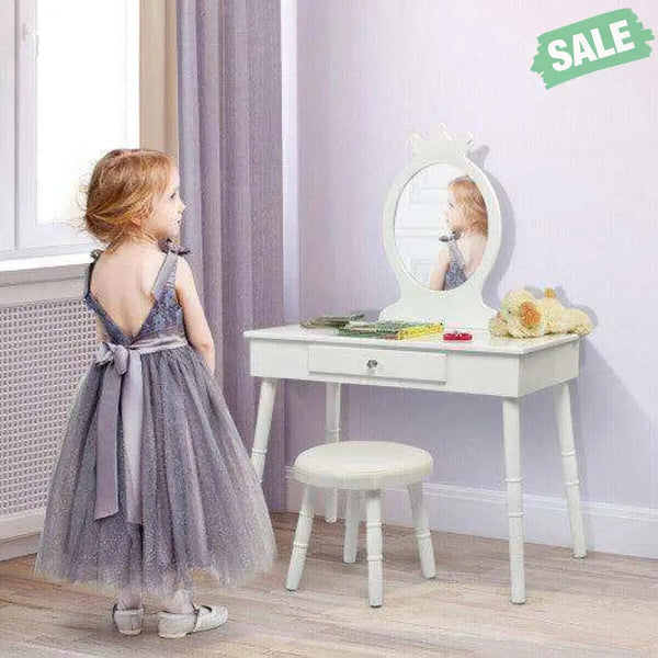 Kids Vanity Makeup Table and Chair Set Make Up Stool Pink Kids Vanities