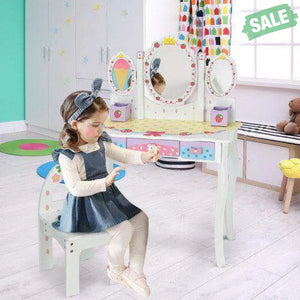 Kids Vanity Princess Makeup Dressing Table Chair Set with Tri-fold Mirror-Pink Pink Kids Vanities