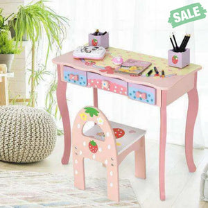 Kids Vanity Princess Makeup Dressing Table Chair Set with Tri-fold Mirror-Pink Pink Kids Vanities