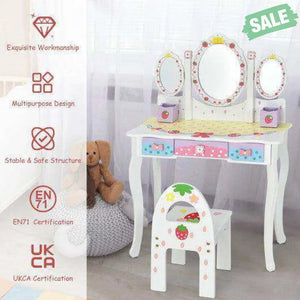 Kids Vanity Princess Makeup Dressing Table Chair Set with Tri-fold Mirror-Pink Pink Kids Vanities