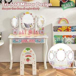 Kids Vanity Princess Makeup Dressing Table Chair Set with Tri-fold Mirror-Pink Pink Kids Vanities