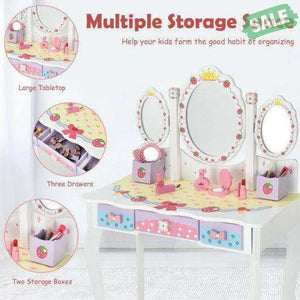 Kids Vanity Princess Makeup Dressing Table Chair Set with Tri-fold Mirror-Pink Pink Kids Vanities