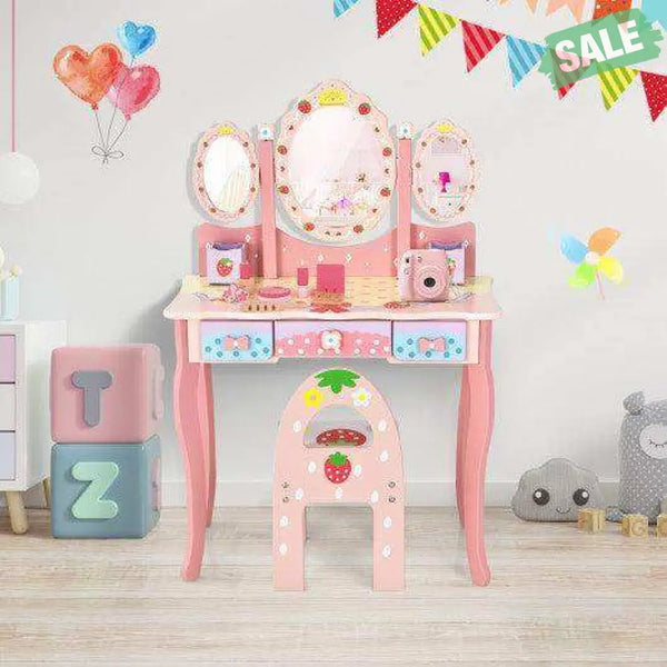 Kids Vanity Princess Makeup Dressing Table Chair Set with Tri-fold Mirror-Pink Pink Kids Vanities