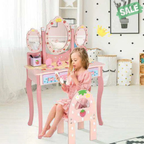 Kids Vanity Princess Makeup Dressing Table Chair Set with Tri-fold Mirror-Pink Pink Kids Vanities