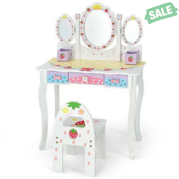 Kids Vanity Princess Makeup Dressing Table Chair Set with Tri-fold Mirror-Pink Pink Kids Vanities