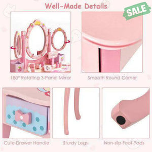 Kids Vanity Princess Makeup Dressing Table Chair Set with Tri-fold Mirror-Pink Pink Kids Vanities