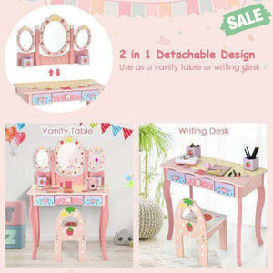 Kids Vanity Princess Makeup Dressing Table Chair Set with Tri-fold Mirror-Pink Pink Kids Vanities