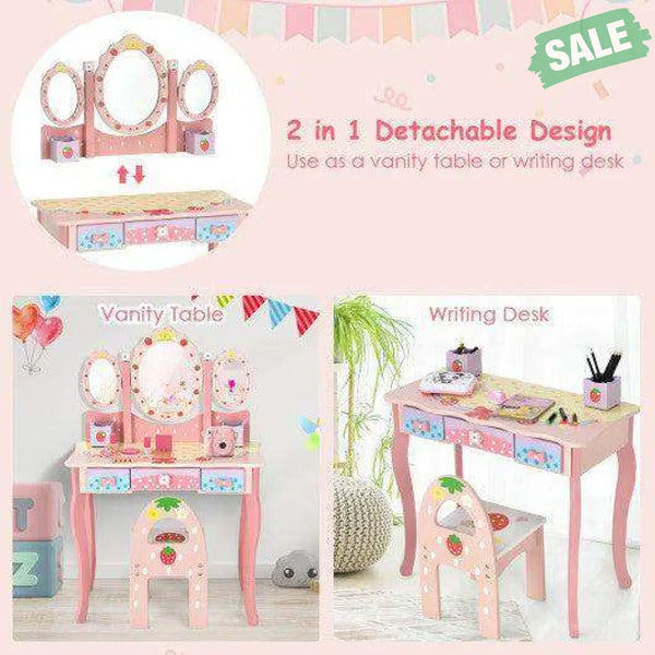 Kids Vanity Princess Makeup Dressing Table Chair Set with Tri-fold Mirror-Pink Pink Kids Vanities