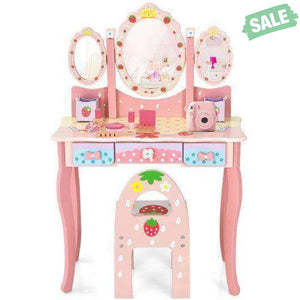 Kids Vanity Princess Makeup Dressing Table Chair Set with Tri-fold Mirror-Pink Pink Kids Vanities