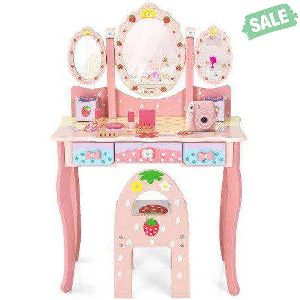Kids Vanity Princess Makeup Dressing Table Chair Set with Tri-fold Mirror-Pink Pink Kids Vanities