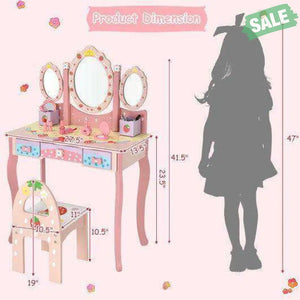 Kids Vanity Princess Makeup Dressing Table Chair Set with Tri-fold Mirror-Pink Pink Kids Vanities