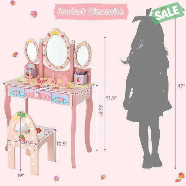 Kids Vanity Princess Makeup Dressing Table Chair Set with Tri-fold Mirror-Pink Pink Kids Vanities