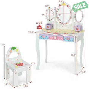 Kids Vanity Princess Makeup Dressing Table Chair Set with Tri-fold Mirror-Pink Pink Kids Vanities