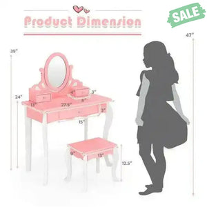 Kids Vanity Princess Makeup Dressing Table Stool Set with Mirror and Drawer-Pink Pink Kids Vanities