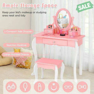 Kids Vanity Princess Makeup Dressing Table Stool Set with Mirror and Drawer-Pink Pink Kids Vanities