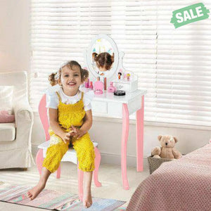 Kids Vanity Princess Makeup Dressing Table Stool Set with Mirror and Drawer-Pink Pink Kids Vanities