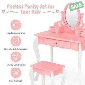 Kids Vanity Princess Makeup Dressing Table Stool Set with Mirror and Drawer-Pink Pink Kids Vanities
