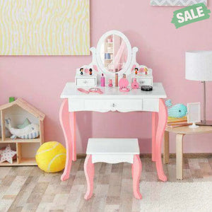 Kids Vanity Princess Makeup Dressing Table Stool Set with Mirror and Drawer-Pink Pink Kids Vanities